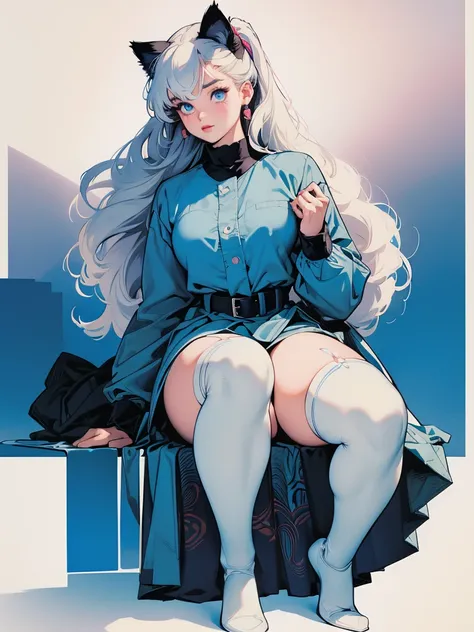 (best quality, masterpiece:1.2), illustration by hajime sorayama, perfect body, hyperfeminine curves, (detailed eyes), (detailed face), woman, long white hair, bangs, ponytail, cat ears, cat tail, light blue eyes, pale skin, curvy, high fashion outfit, kne...