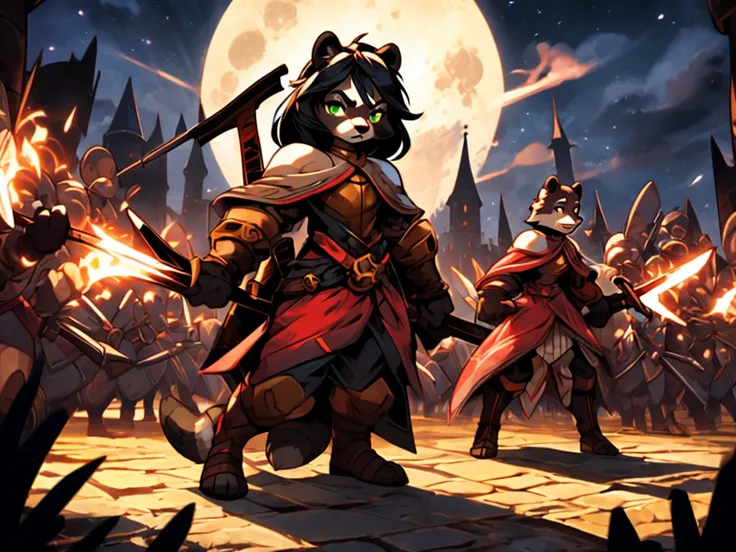 full body, battle ground background、full moon, A female raccoon, custom armor, night, medieval castle, very detailed, masterpiece, ultra resolution, perfect quality ,vivid colors, determined expression, strong shadows, majestic, dark atmosphere, green eyes...