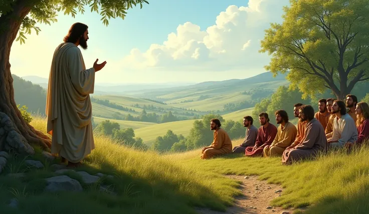 A peaceful rural setting, where Jesus Christ, dressed in simple robes, teaches a group of people sitting on the ground. The mans calm, thoughtful hand movements command the rapt attention of his audience. A green landscape with trees and open sky frames th...