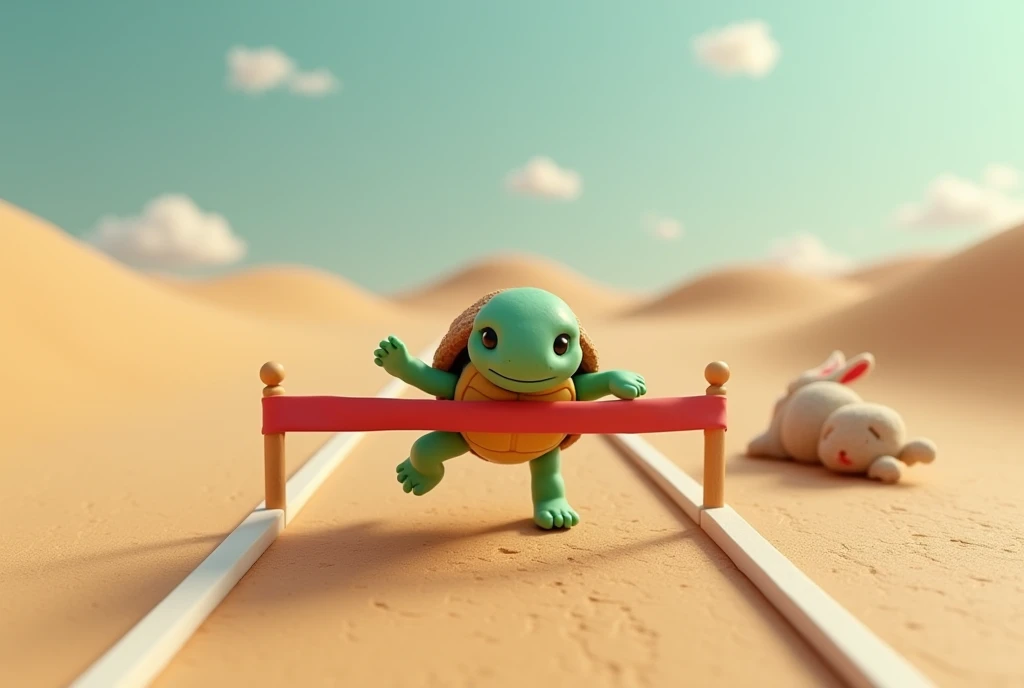 Clay animation. full body, a anthropomorphic turtle girl crosses the finish tape of a race on the wide plain, A anthropomorphic furry Rabbit girl is sleeping behind far away, high angle shot