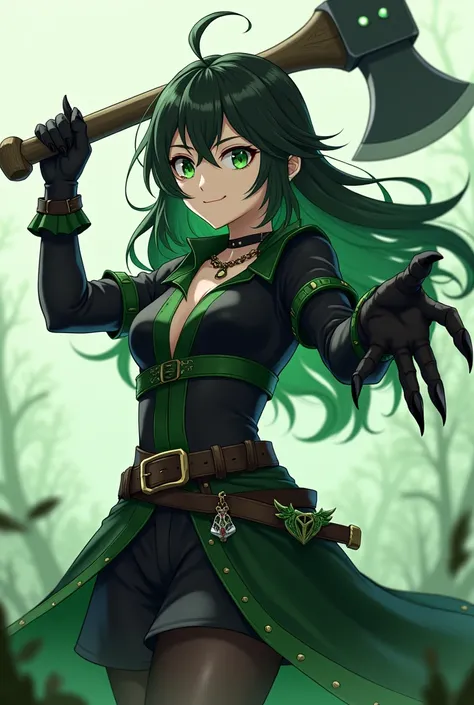 Anime style design of a strong young woman, with black and green hair, with bright emerald green eyes, wearing a medieval hunter&#39;s outfit of mostly black and dark green, with details of footprints, claws, eyes and fangs in different shades of green, wi...