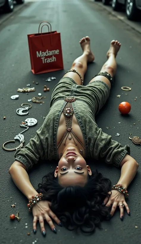 Woman lying on the street dressed strangely with jewelry scattered on the ground. In the middle there is a shopping bag that reads MADAME TRASH.