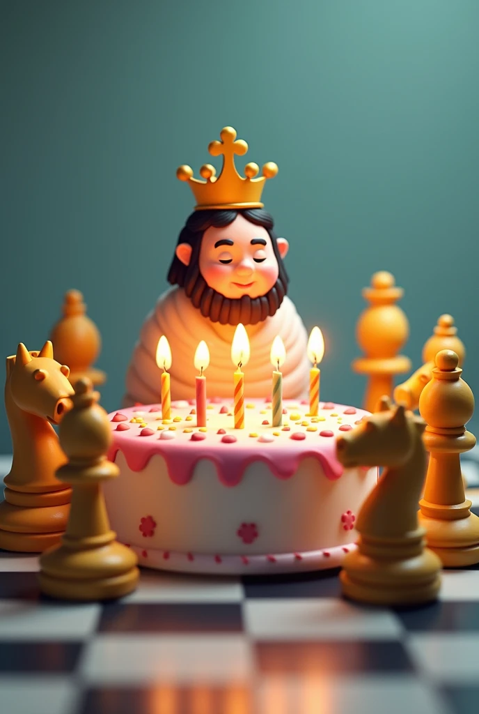 Chess pieces holding a birthday cake, king blowing out candles 