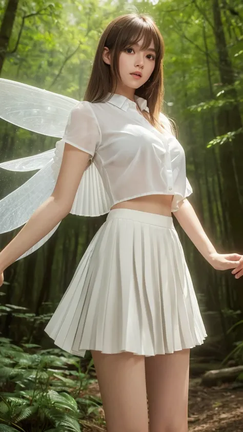 Product quality,1 girl,Cowboy Shot,Young and cute Japanese girls,(In a fantastic forest:1.2),(Thin white blouse:1.3), (White ultra short pleated mini skirt:1.5),(Like a fairy:1.3),(No pants:1.3),Very cute face,Glossy Lips,Beautiful big eyes,Brown eyes,Doub...