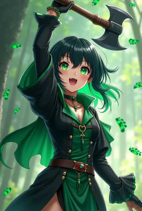 Anime style design of a strong young woman, with black and green hair, with bright emerald green eyes, wearing a medieval hunter&#39;s outfit of mostly black and dark green, with details of footprints, claws, eyes and fangs in different shades of green, wi...