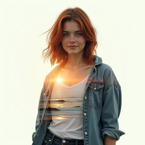  photorealistic, hyperrealistisch, A young woman, with dark red hair, freckles, Slight smile, t-shirt, open denim shirt, Jeans, high-quality, 8k Ultra HD, eine wunderschöne double exposure, which combines a goddess silhouette with a sunset coast. The sunse...