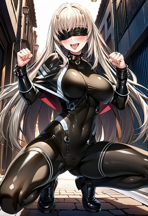 (((Thumb, index finger, middle finger, ring finger, little finger))), (((hands_up, double piece_sign, double_v:1.1, two fingers up))), jacket, (((body suit))), black clothes, black wear, (((black tights))), weapon, cowboy shot, (((all covering blindfold)))...