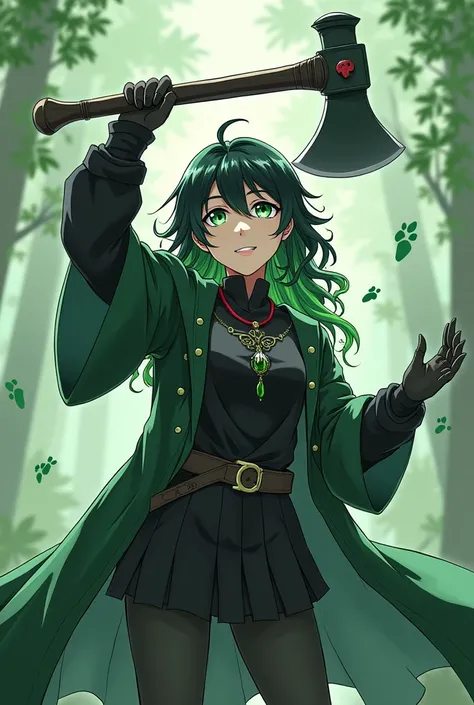 Anime style design of a strong young woman, with black and green hair, with bright emerald green eyes, wearing a medieval hunter&#39;s outfit of mostly black and dark green, with details of footprints, claws, eyes and fangs in different shades of green, wi...