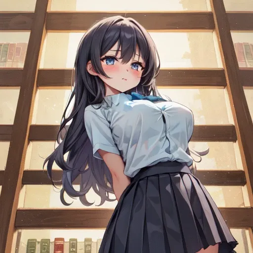 Beautiful illustrations,Best Quality,pretty girl,Crying,Cross your arms behind your back,Inward Curling Hair Black 1;4,From below,{{Beautiful big breasts 1:4}},Library,Bookshelf in the back,{{High school girl}},Black pleated skirt,From below,{{Beautiful bi...