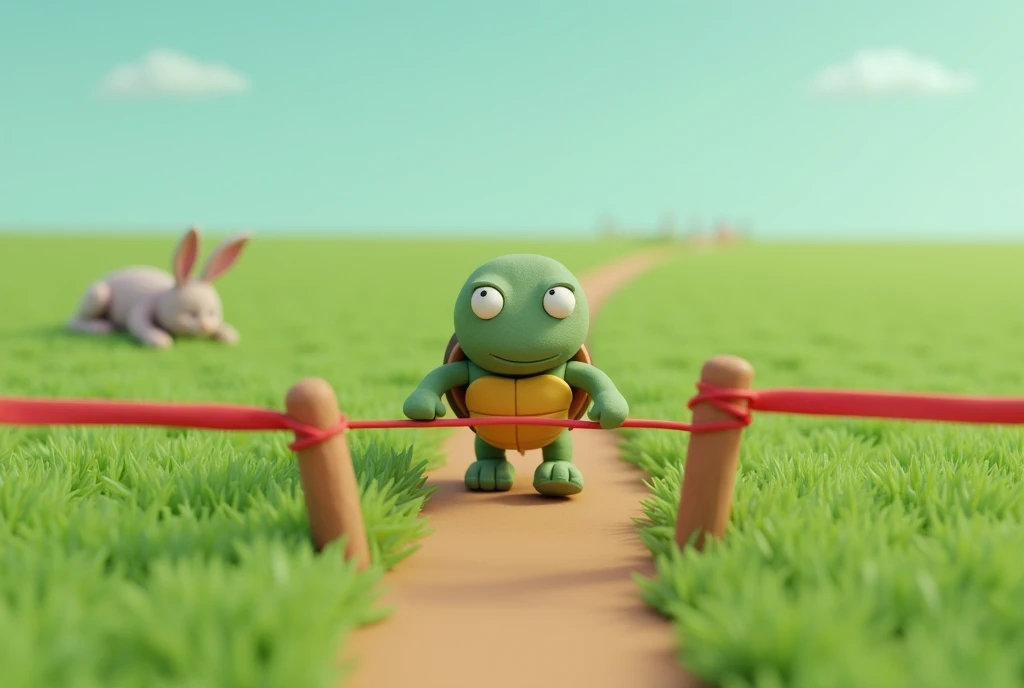 Clay animation. full body, a anthropomorphic turtle girl crosses the finish tape of a race on the wide green plain, A anthropomorphic furry Rabbit girl is sleeping behind far away, high angle shot