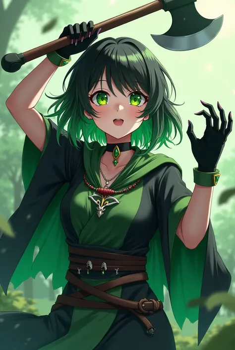 Anime style design of a strong young woman, with black and green hair, with bright emerald green eyes, wearing a medieval hunter&#39;s outfit of mostly black and dark green, with details of footprints, claws, eyes and fangs in different shades of green, wi...