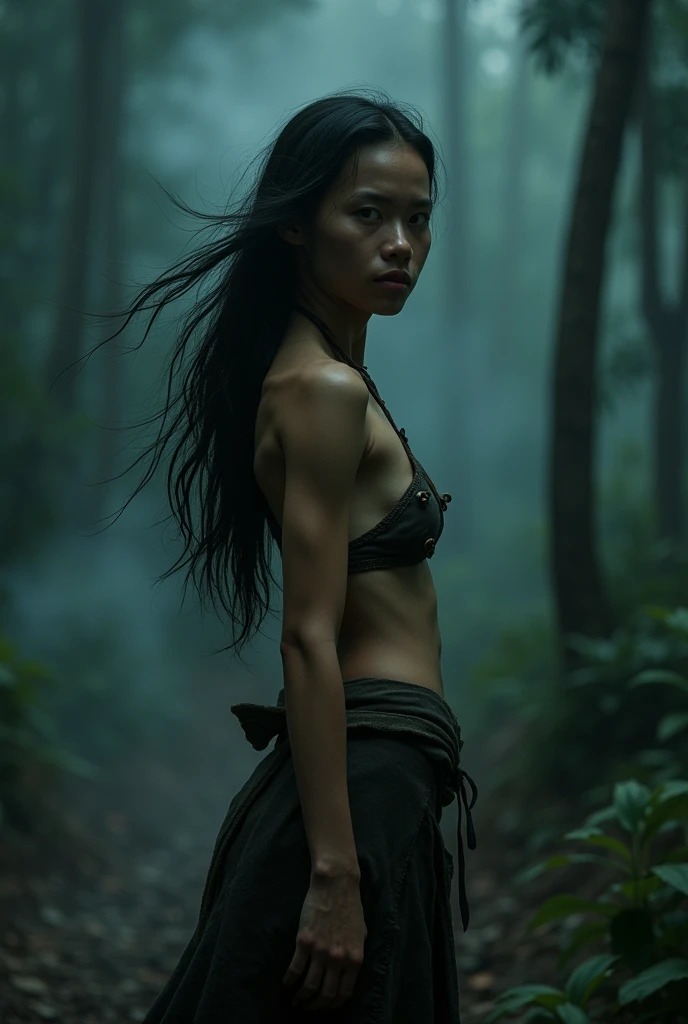 "A young Thai woman with long hair and a strong body like a villager, dressed in an old Thai costume, with a fierce and scary face, wearing thin clothing, standing in the forest, turning to smile. The atmosphere is eerie at night, dark and scary. There is ...