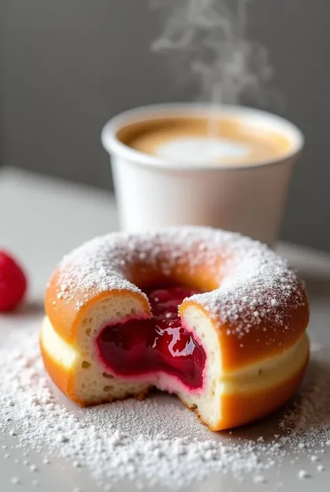 Donut filled with fresh raspberry jam and covered with powdered sugar. + 1 Cappuccino IN DISPOSABLE CUP