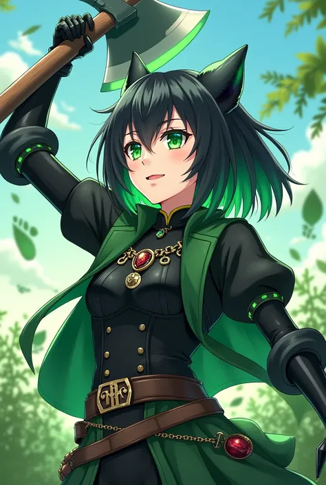 Anime style design of a strong young woman, with black and green hair, with bright emerald green eyes, wearing a medieval hunter&#39;s outfit of mostly black and dark green, with details of footprints, claws, eyes and fangs in different shades of green, wi...