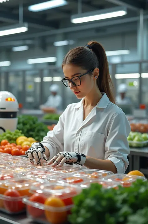 "In a food factory, there are sections for vegetables, fruits, and other healthy foods. The food is neatly packaged in plastic. A female worker is inspecting the food to ensure its quality, while a small robot assists her in scanning and checking the clean...