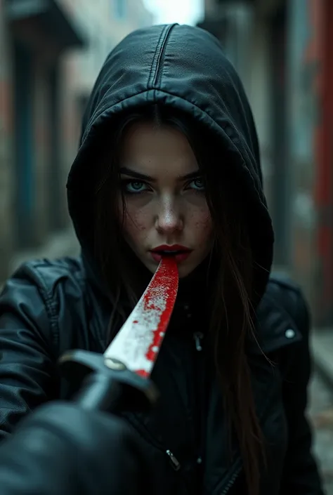 a person in first person view, being stabbed by a sexy female assassin holding bloody knife in front of the person itself, blood, dark alleyway, gritty urban environment, cinematic lighting, dramatic shadows, intense emotion, high contrast, realistic, cine...