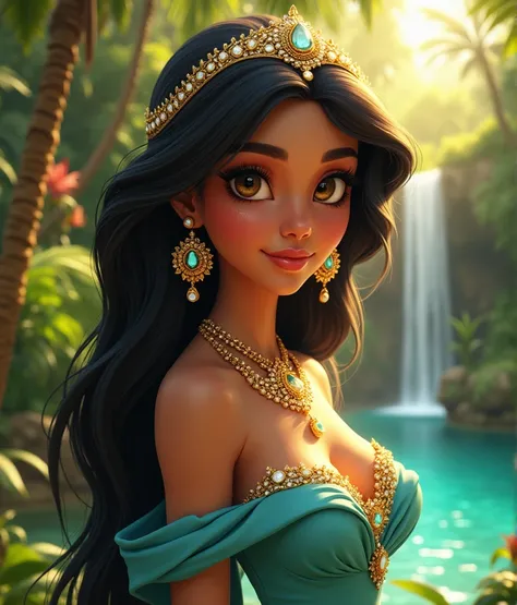 Princess jasmine, beautiful detailed eyes, beautiful detailed lips, extremely detailed face, long eyelashes, middle eastern ethnicity, beautiful intricate headpiece, colorful flowing dress, jewel-encrusted, ornate jewelry, elegant pose, standing in an oasi...