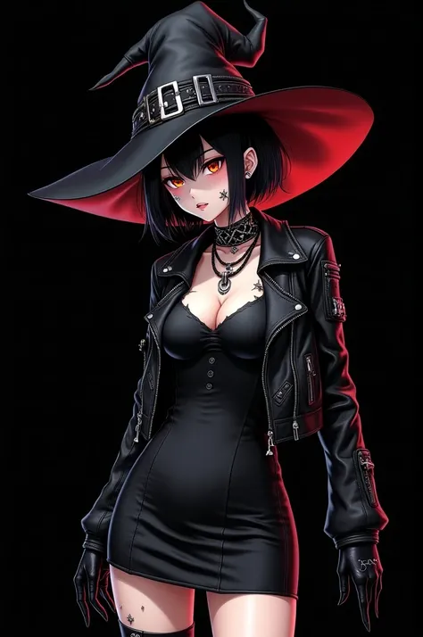 Short black hair anime witch, I wore a black witch hat, wears black dress, is wearing a leather jacket, she has piercings all over her face, She is white, black hair, punk pose, tomboy, the wall background is black, FANART fan art photoshop