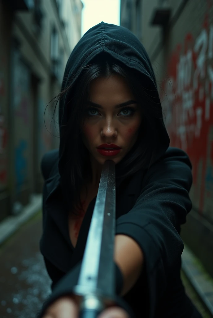 a person in first person view, being attacked by a sexy female assassin with knife, blood, dark alleyway, gritty urban environment, cinematic lighting, dramatic shadows, intense emotion, high contrast, realistic, cinematic, chiaroscuro lighting, beautiful ...