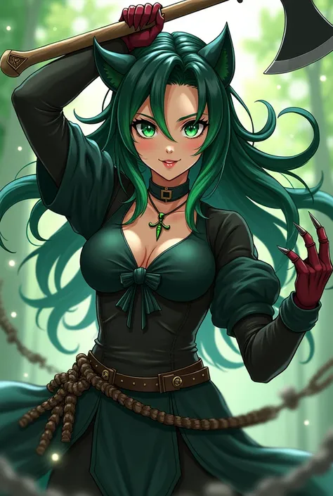 Anime style design of a strong young woman, half human half giant, with black and green hair, with bright emerald green eyes, wearing a medieval hunter&#39;s outfit of mostly black and dark green, with details of footprints, claws, eyes and fangs in differ...