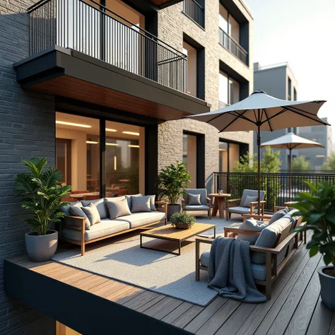 Create a realistic photo of a modern rectangular balcony with metal railings in a block of flats. 
Main wall built of gray or anthracite 19th century exposed brick. 
On the balcony there are Balcony Furniture, a small table and chairs, ideal for morning co...