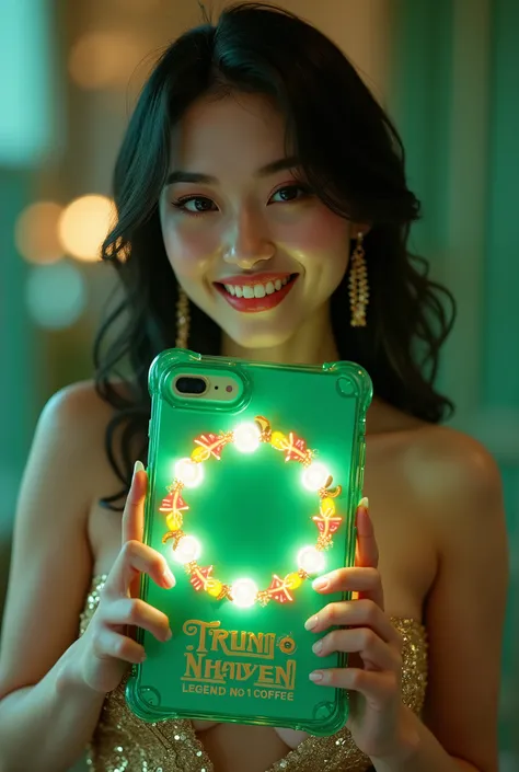 Super realistic, super detailed, close-up of a sexy, extremely beautiful full body woman holding a jade crystal iPhone 16 embossed with the words "Trung Nguyen Legend The No1 Coffee" in neon green and gold with a gorgeous multi-colored coffee wreath glowin...