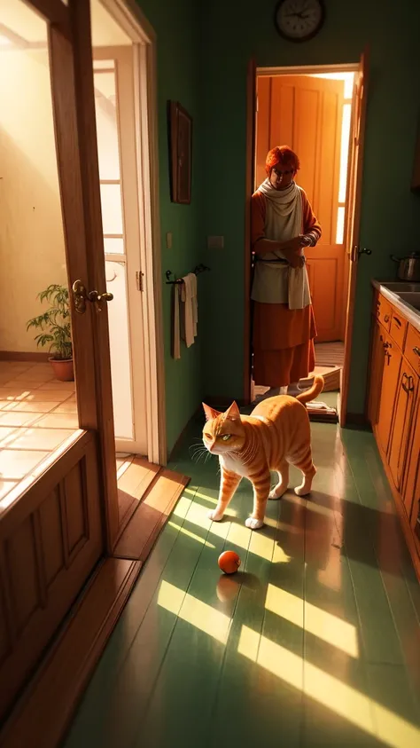 Mithu, the orange and white cat, searches the kitchen floor, his green eyes focused and determined. The kitchen has some scattered utensils, and Mithu looks towards the open door leading to the garden. The bright sunlight from the garden highlights the abs...