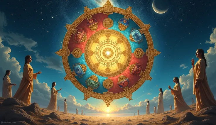 "A circular wheel of karma, illustrated with images of good and bad deeds on each section. Surrounding the wheel are figures representing various emotions and actions, set against a cosmic background."
