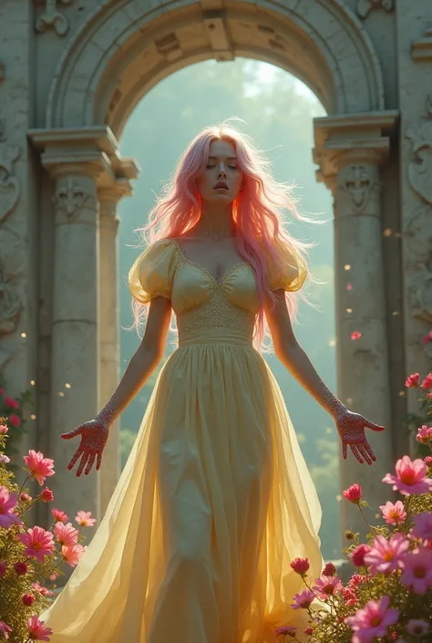 An 1 woman, pink fur, hands turning to stone, surrounded by colorful flowers with bokeh effect, airy dress in almost yellow ivory color and puffed sleeves. Her hair is "soft pink waves with pale gold highlights". In the background you can see a somewhat de...