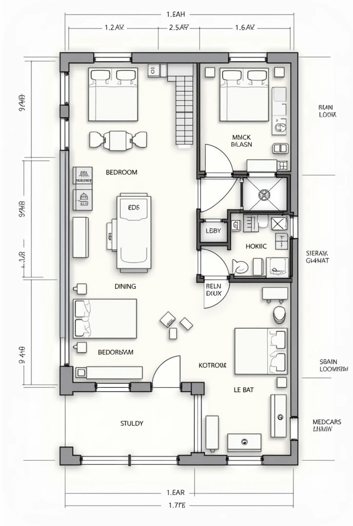 Using simple cadd blocks, create a ideal apartment floor plan. Ground floor only. Add 2 bed rooms with bathroom in the room. Add kitchen and dining room. Lobby. Stairs going to the 2nd floor and person with disability ramp. Also add a main door. Parking lo...