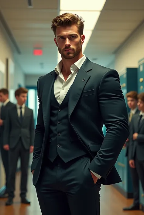 Scottish man, young black eyes brown hair,  muscular. wearing a suit, school scenario