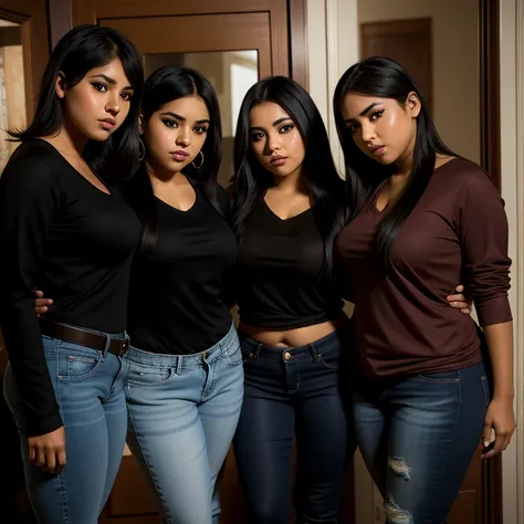 3 girls only, beautiful detailed, cute face, short, 3 Mexican emo teens, slightly chubby, different personalities, different body shapes, short black hair different style, black hair over one eye, long sleeve v neck long t shirt tucked in long jeans, pears...