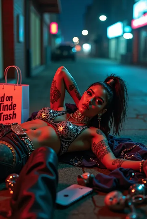 Queer latin fashion person in alternative clothing lying on the night street with clothes and jewllery lying around, In the middle there is a shopping bag that reads MADAME TRASH