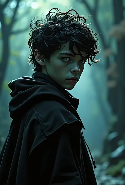 I need you to create a boy looking back with the aesthetic of a 1980 dark fantasy movie , that the boy is faith vigevani