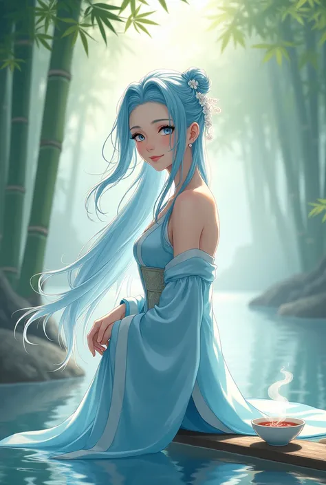 Masterpiece, Best Quality, Official Art, 8k Wallpaper, Very Detailed, Illustration, 1 Girl, Sky Blue Hair, Long Hair, Detailed Eyes, Forrest Gump, Bare Shoulders, Hanfu, Lake, Pure, Soft Smile, bamboo, tea