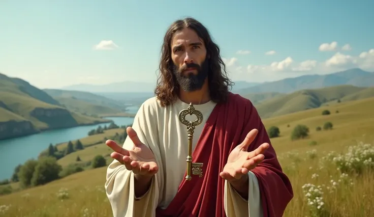 Generate a realistic image of Jesus Christ demonstrating the key to success with a normal-sized key in the middle of his hands in the time of Christ, in a beautiful landscape with a river at the end