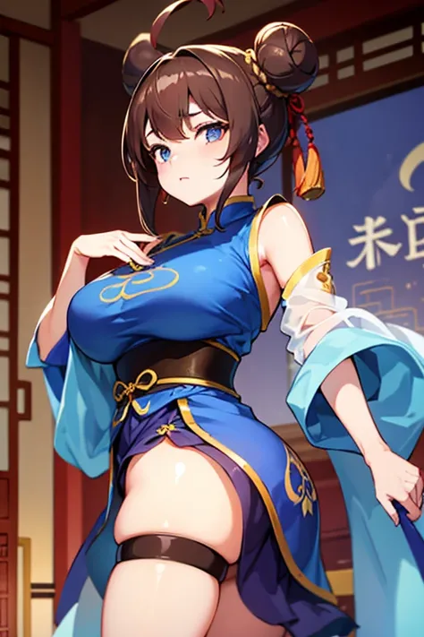 beautiful girl、Brown Hair、Hair in a bun、The chest is large、Blue Chinese Dress、Thighs are emphasized、The background is a Chinese city