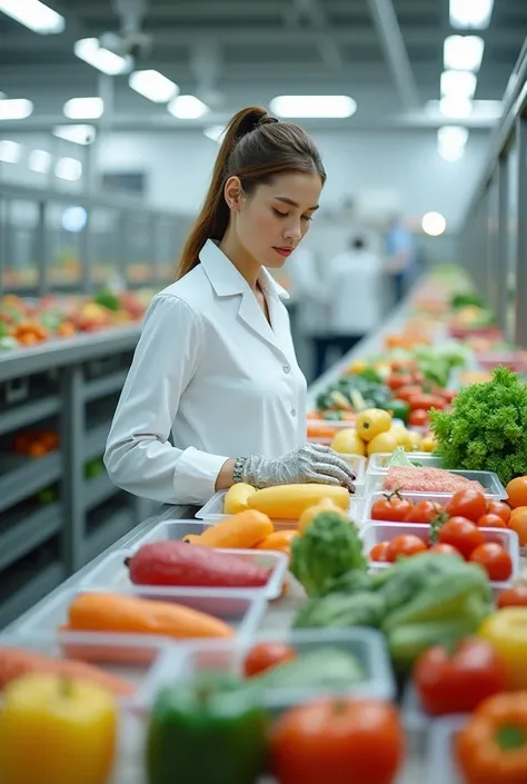 "In a food factory, there are sections for vegetables, fruits, and other healthy foods, all packaged in plastic to prevent contamination from pests. A female worker is inspecting the food for quality, while a small robot assists her in scanning and ensurin...