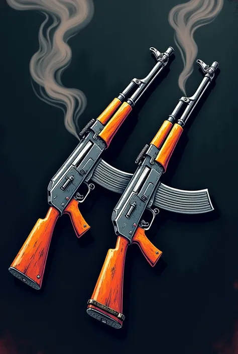 Graffiti style drawing with two AK 47s in the middle lying on opposite sides, with a black background with smoke 
