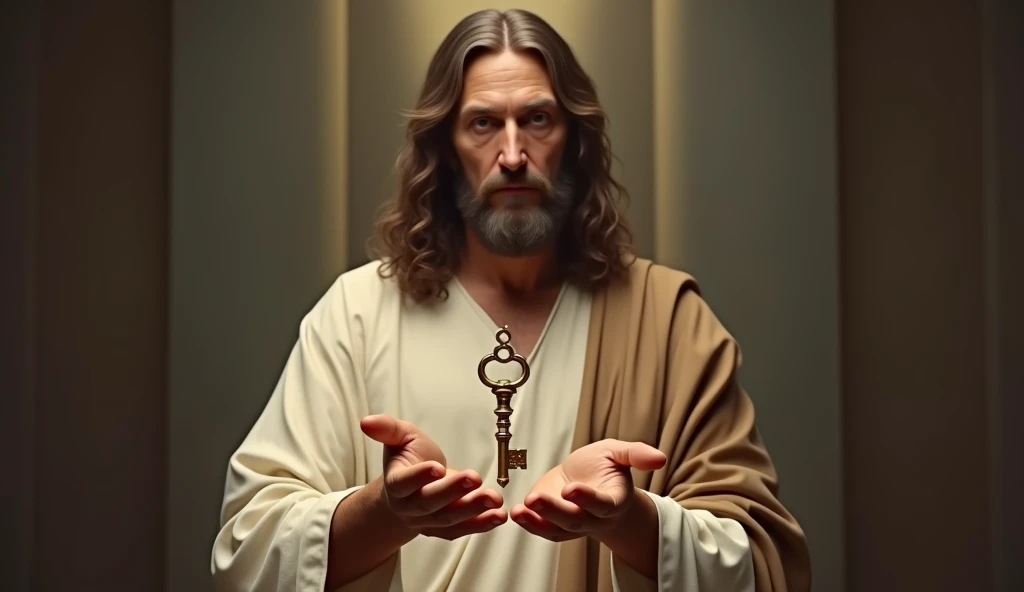 Generate a realistic image of Jesus Christ demonstrating the key to success with a normal-sized key in the middle of his hands 