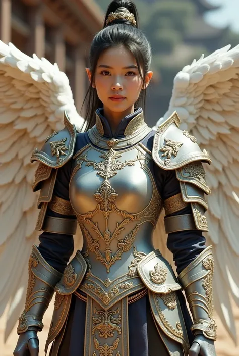 This image shows an Asian woman wearing full armour that resembles a suit of armor with intricate ornamental patterns and a combination of silver and gold colors.. This costume includes a chest protector with an intricate design., shoulder protector, and g...