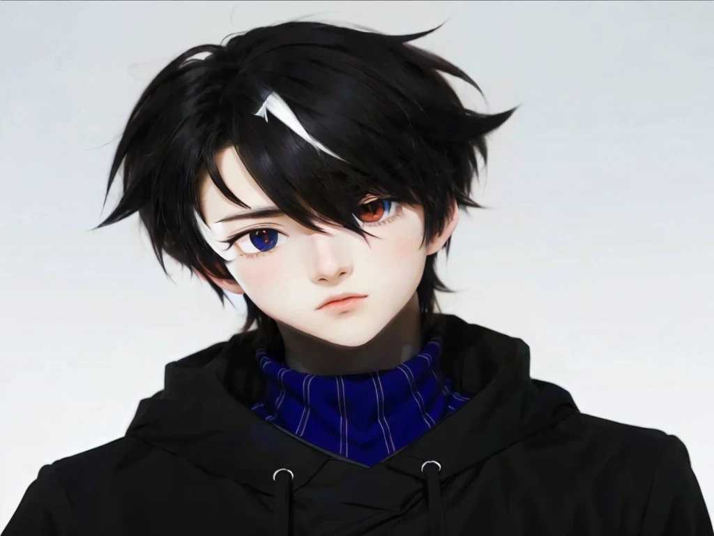 anime boy with black hair with a bit of white in his bangs and a blue collared shirt, inspired by Okumura Masanobu, inspired by Okumura Togyu, young anime guy, male anime style, trigger anime art style, vector shaded anime, tall black eyed anime guy next d...