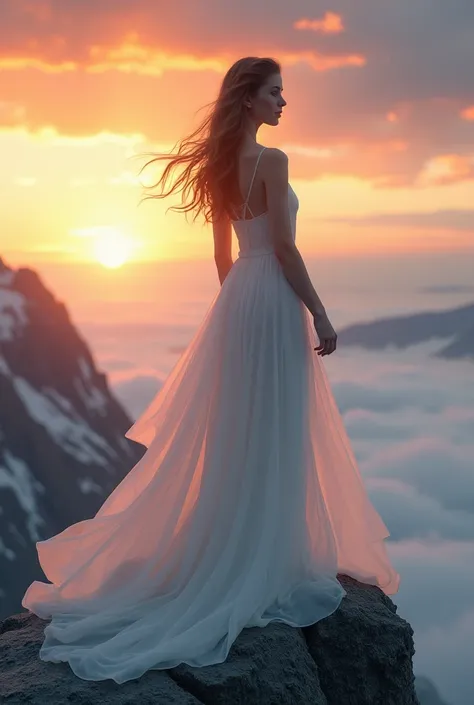  flowing white gown, standing on a mountain peak at sunrise