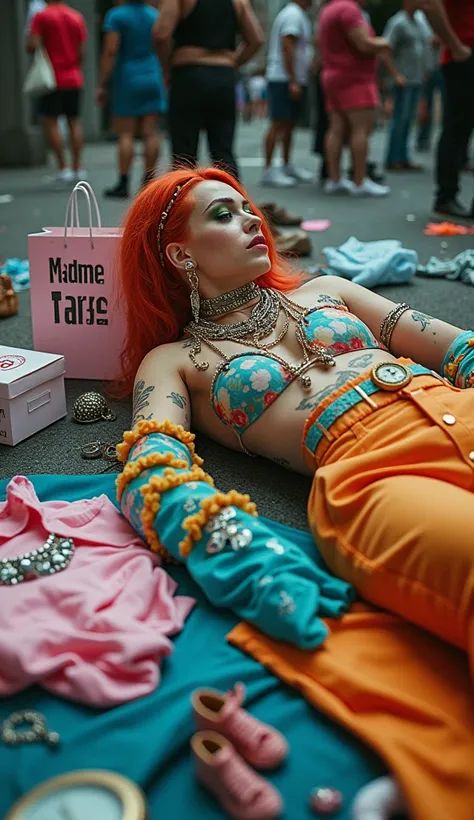 Queer fashion no hegemonic person in alternative clothing lying on a busy street with clothes and jewllery lying around, In the middle there is a shopping bag that reads MADAME TRASH