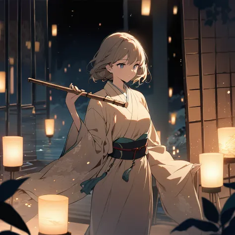 "A high-quality, anime-style illustration of a slender, beautiful girl in traditional Japanese clothing, lightly dressed in a delicate kimono. She is playing a finely crafted, intricate shinobue (Japanese bamboo flute). The setting is framed by two large, ...