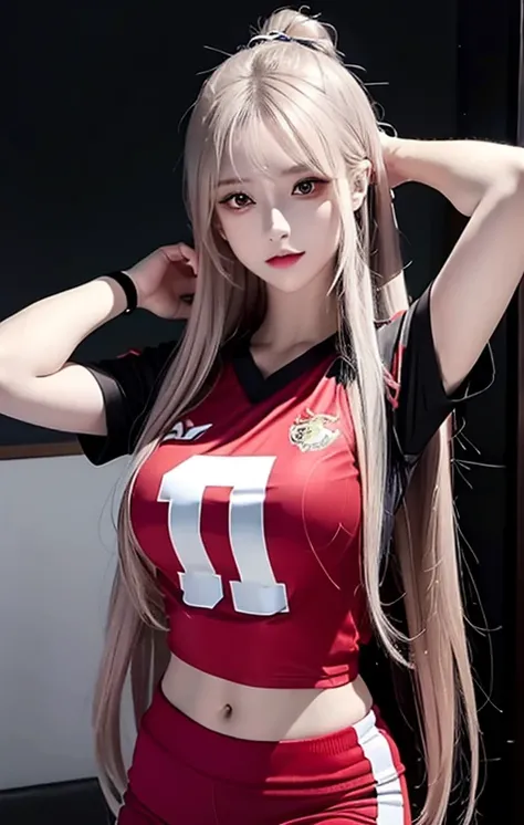 Woman with long hair straight, football jersey 84 in shirt, high detailed, realistic, ultra realistic, football skin t shirt and ((football short pant)), black color shirt football skin shirt , ((red eyes)), tattoo arm, ((right arm tattoo)), dragon tattoo ...