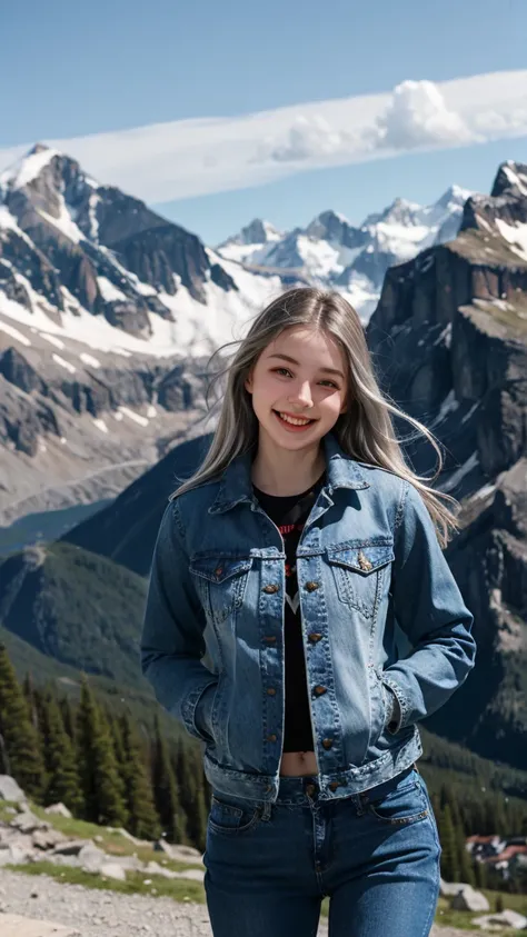 1 girl, beautiful, Russian child face, 20 years old, White skin, Segregation, Open denim jacket only, Straight-leg jeans, ((muscle:1.4)), Mountain peak background, Silver hair, wind, laugh, Firming chest and arms,