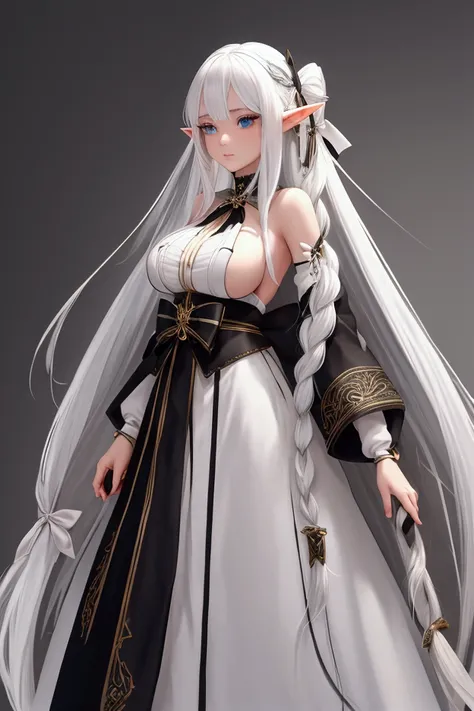 An elf girl with white hair and long hair in a cool outfit with big breasts holding a bow 1m90 tall