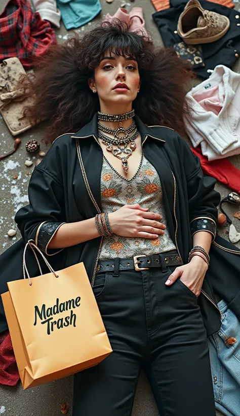 Queer fashion person in alternative clothing lying on a busy street with clothes and jewllery lying around, In the middle there is a shopping bag that reads MADAME TRASH