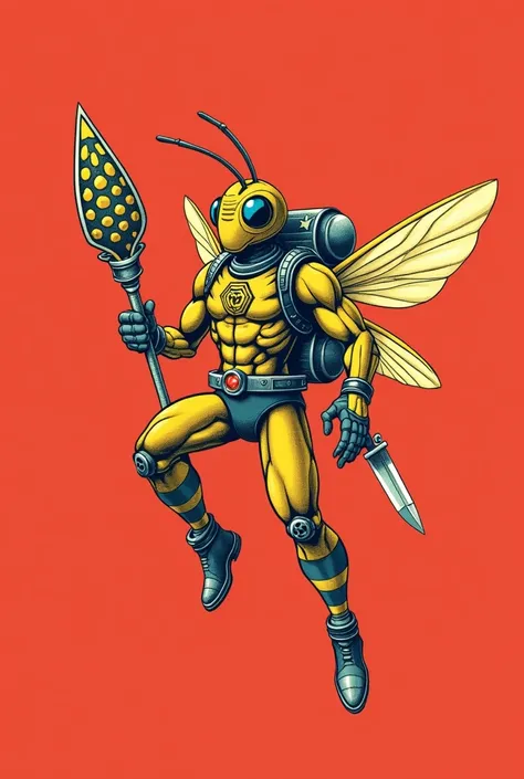 (masterpiece) Flat illustration in the style of American Traditional Tattoo. wasp action figure (yellow and dark blue stripes), muscular, hexagonal bee symbol on chest, wielding a honeycomb-shaped staff, huge lenses, on the back: astronaut propulsion backp...